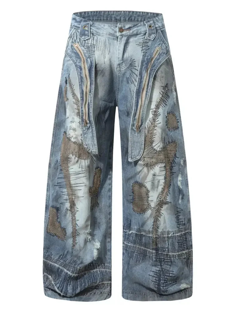 Men's Full Size Wide Leg Patchwork Jeans Plus Size