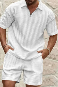 Men's Full Size Zip Collar Short Sleeve Top and Shorts Set Plus Size