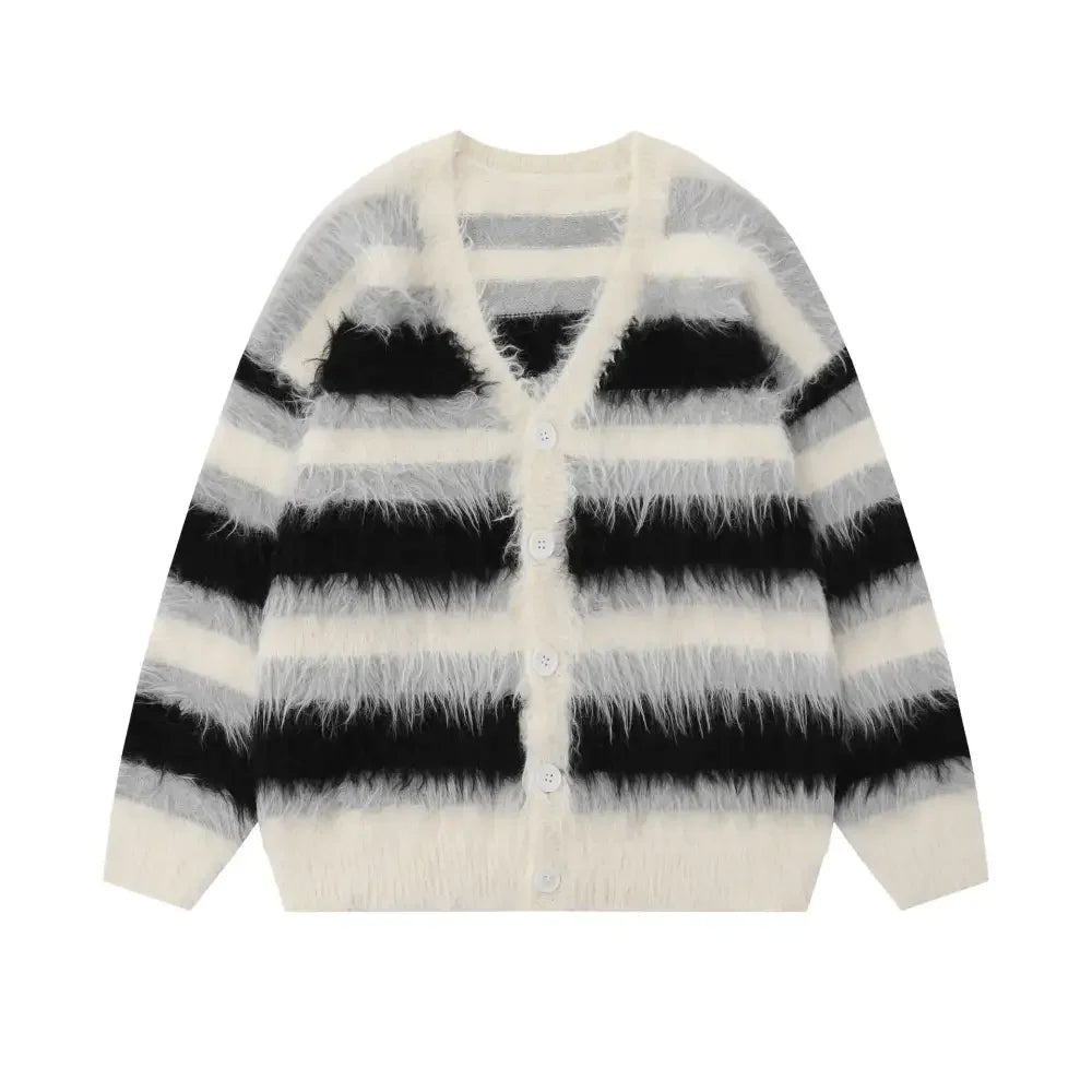 Men's Fuzzy Striped Button-Up Cardigan