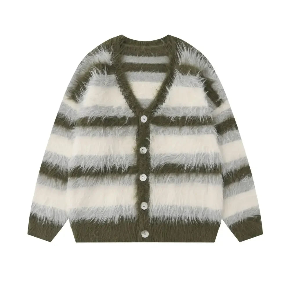 Men's Fuzzy Striped Button-Up Cardigan