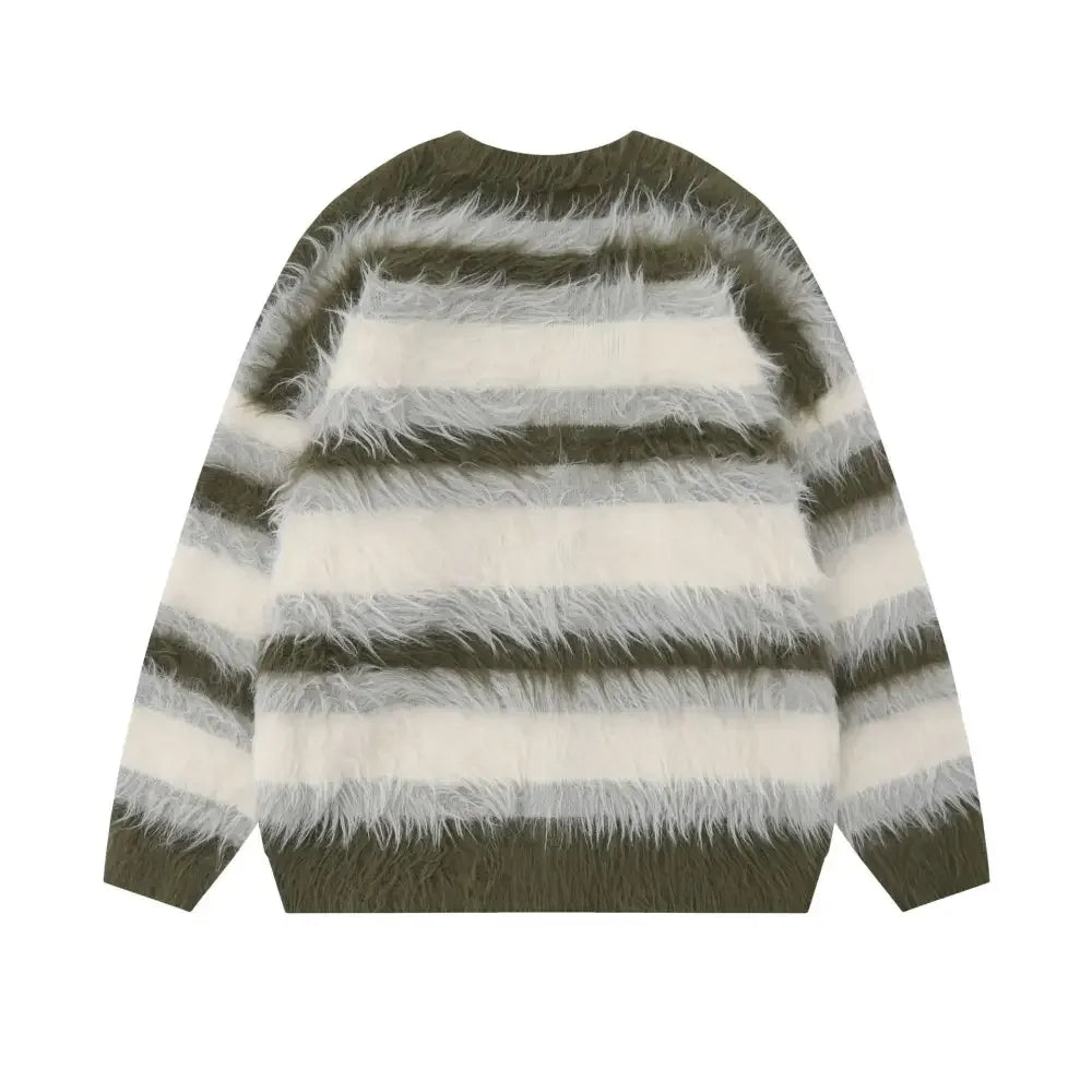 Men's Fuzzy Striped Button-Up Cardigan
