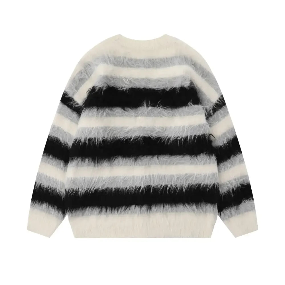 Men's Fuzzy Striped Button-Up Cardigan