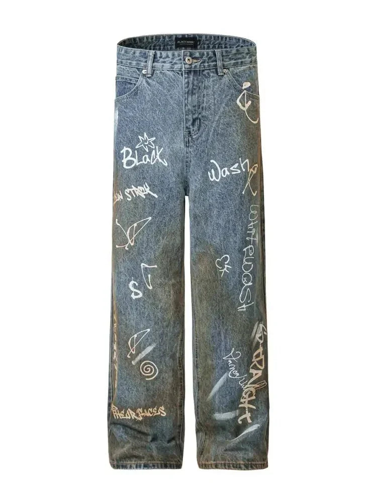 Men's Graffiti Art Loose Fit Jeans - Update AvenueTrendsi100400797334067100400797334067Men's Graffiti Art Loose Fit JeansWashed Blue