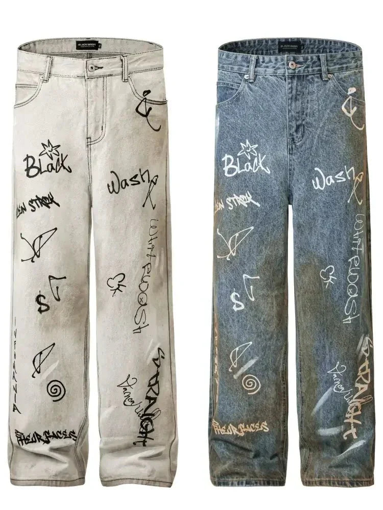 Men's Graffiti Art Loose Fit Jeans - Update AvenueTrendsi100400797335736100400797335736Men's Graffiti Art Loose Fit JeansWhite Gray