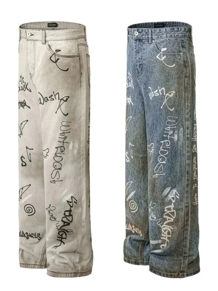 Men's Graffiti Art Loose Fit Jeans - Update AvenueTrendsi100400797335736100400797335736Men's Graffiti Art Loose Fit JeansWhite Gray