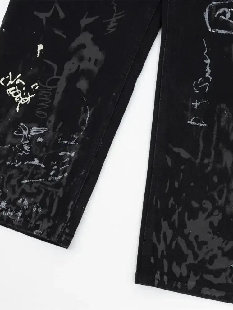 Men's Graffiti Print Wide Leg Jeans