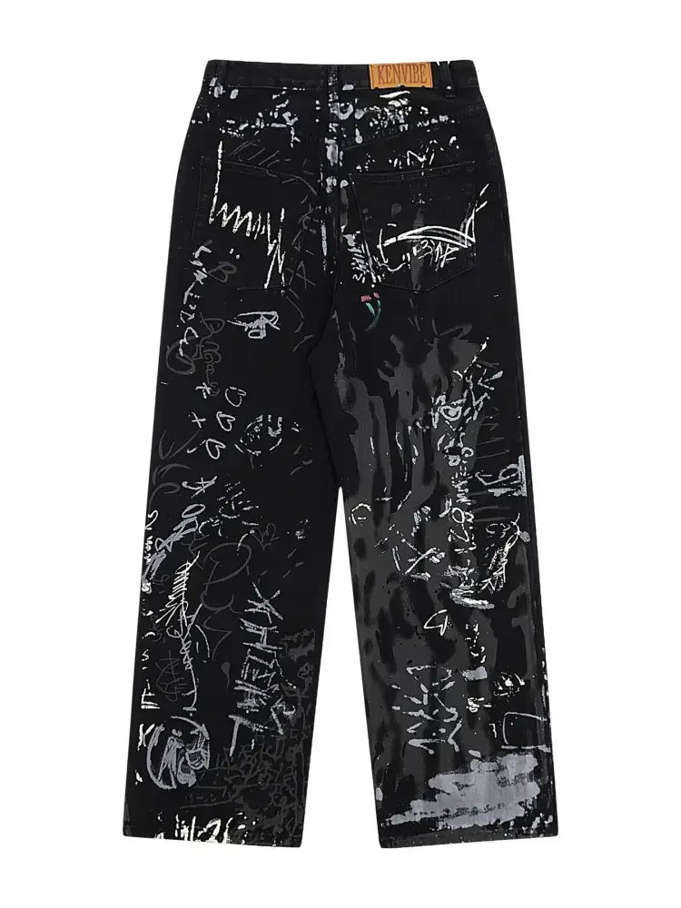 Men's Graffiti Print Wide Leg Jeans