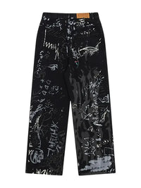 Men's Graffiti Print Wide Leg Jeans