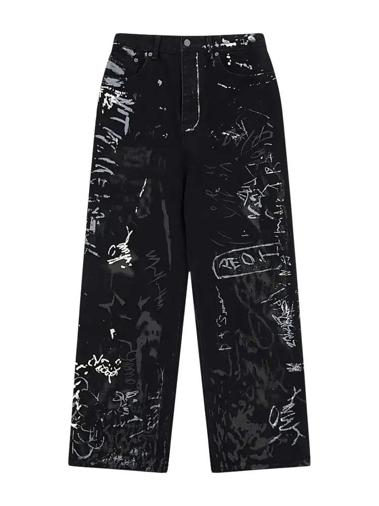 Men's Graffiti Print Wide Leg Jeans
