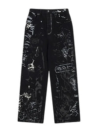 Men's Graffiti Print Wide Leg Jeans