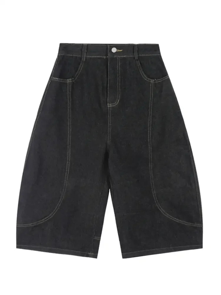 Men's High-Waisted Wide-Leg Wash Denim Shorts