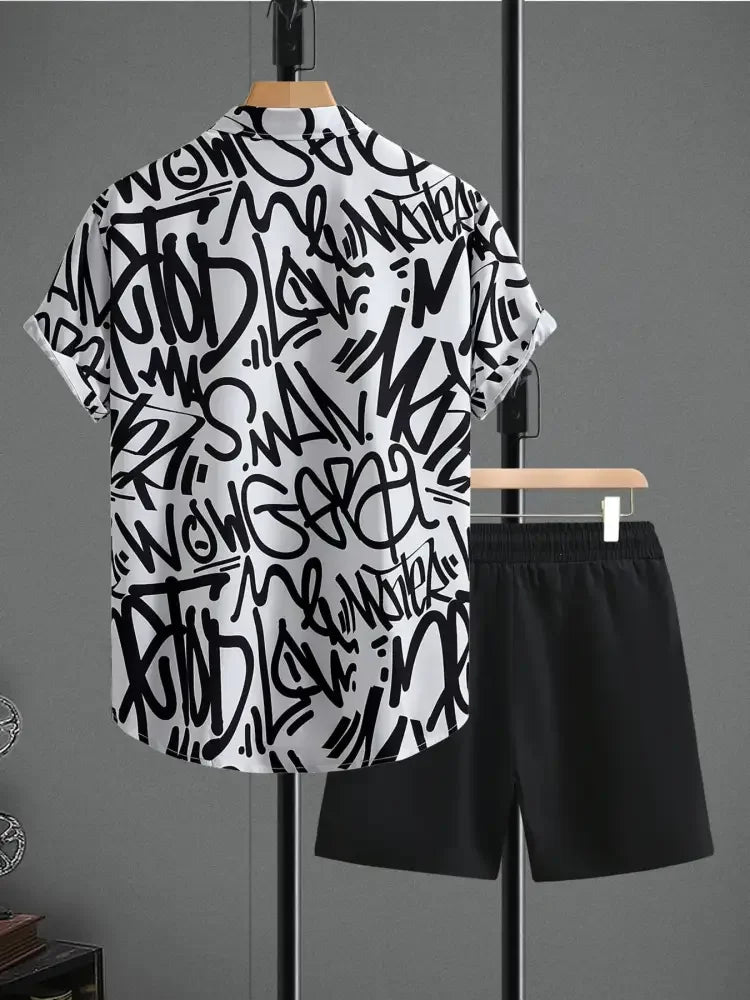 Men's Letter Print Shirt and Shots Set