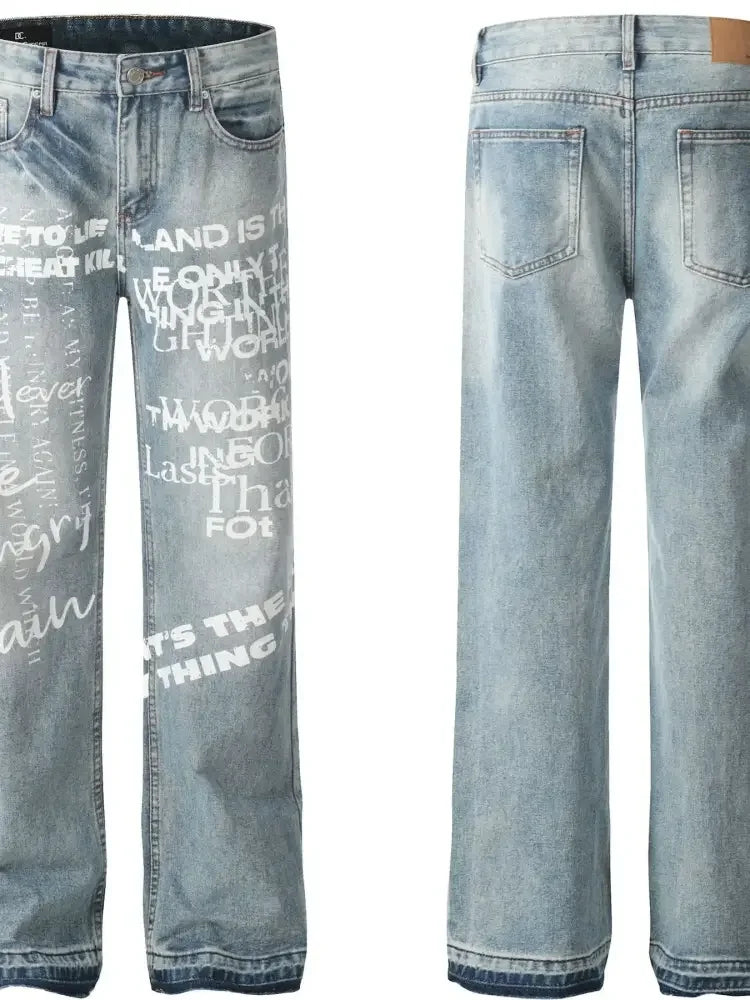 Men's Letter Print Straight Leg Jeans