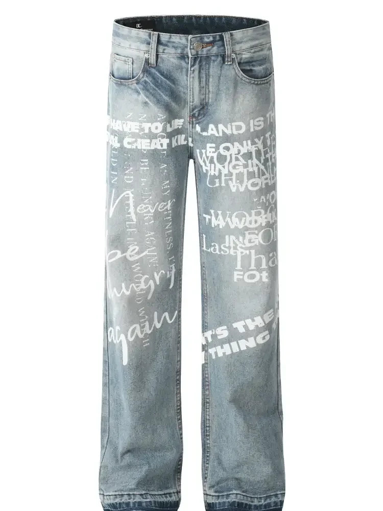 Men's Letter Print Straight Leg Jeans