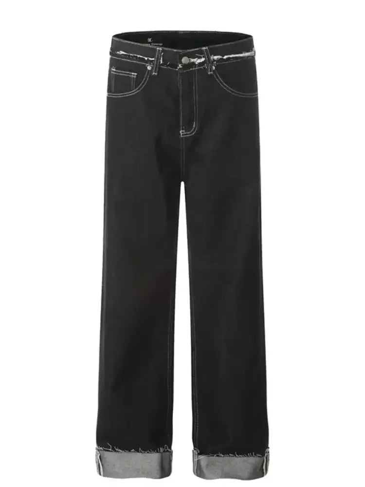 Men's Loose Fit Straight Leg Jeans with Cuffed Hem