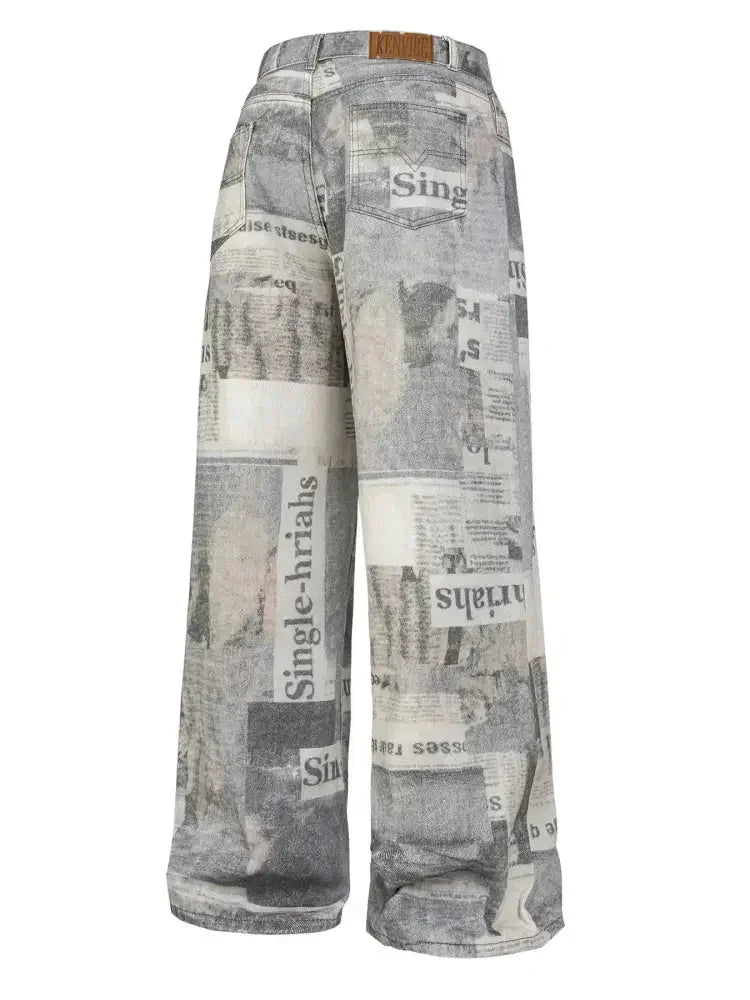 Men's Newspaper Print Wide Leg Jeans - Update AvenueTrendsi100400938687270100400938687270Men's Newspaper Print Wide Leg JeansGray