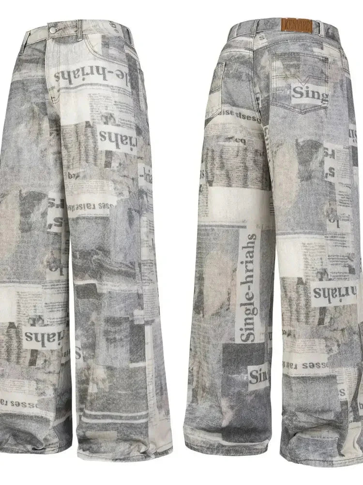 Men's Newspaper Print Wide Leg Jeans - Update AvenueTrendsi100400938687270100400938687270Men's Newspaper Print Wide Leg JeansGray