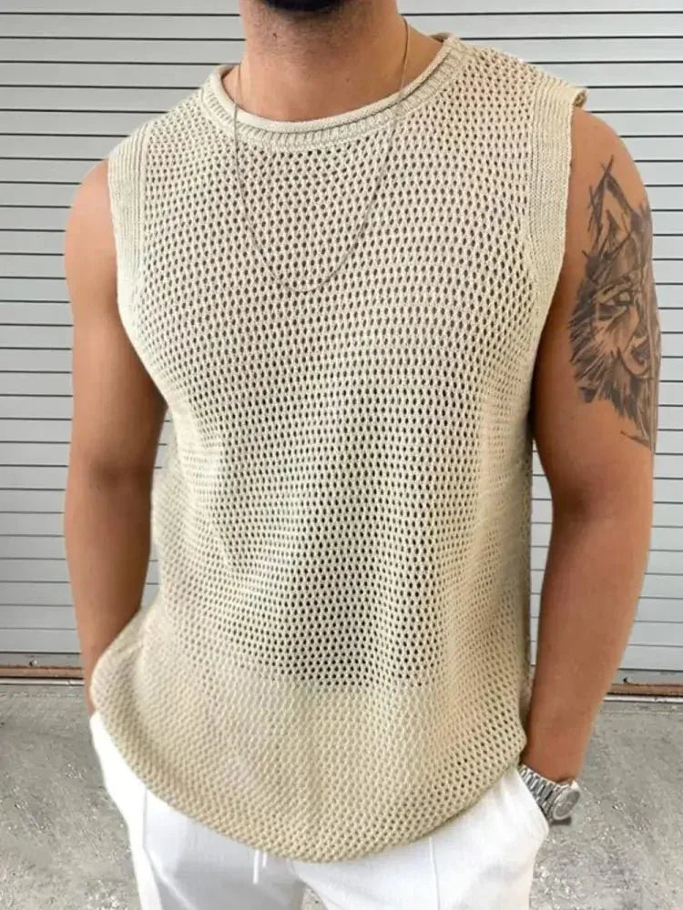 Men's Openwork Round Neck Sleeveless Knit Top - Update AvenueTrendsi100400618561336100400618561336b6f58783 - e794 - 46ab - 840f - 6d9206e174ee - MaxKhaki