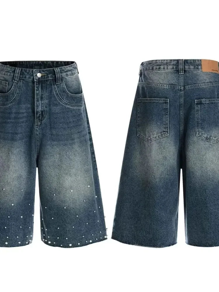 Men's Pearl Embellished Wide Leg Denim Shorts