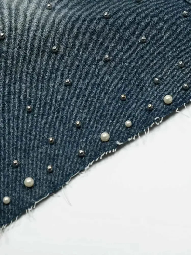 Men's Pearl Embellished Wide Leg Denim Shorts