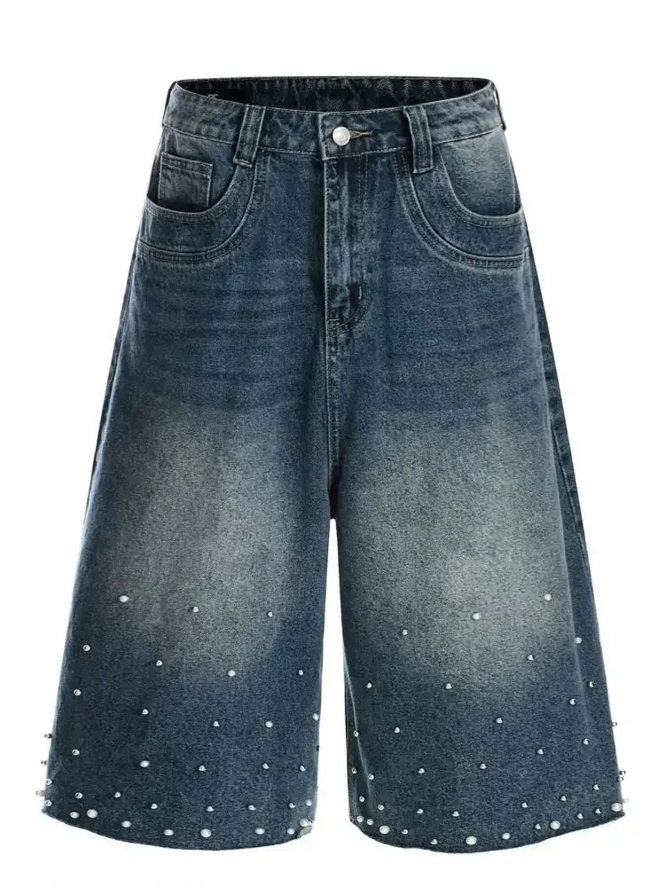 Men's Pearl Embellished Wide Leg Denim Shorts