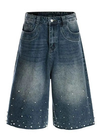 Men's Pearl Embellished Wide Leg Denim Shorts