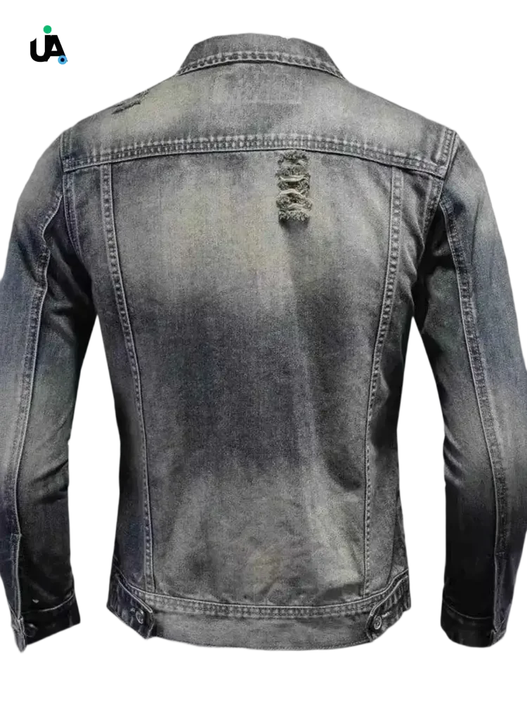 Plus size button long sleeve denim jacket with distressed black faded design and rips
