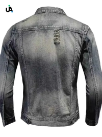 Plus size button long sleeve denim jacket with distressed black faded design and rips