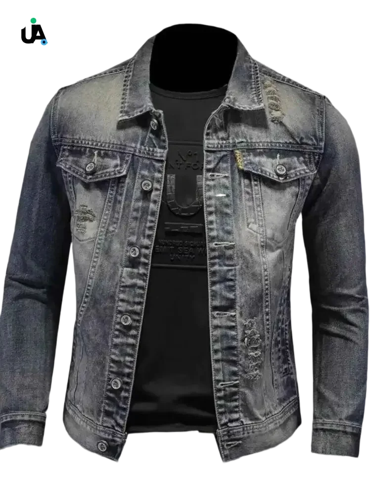 Plus size button up long sleeve denim jacket with distressed design and black t-shirt
