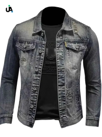 Plus size button up long sleeve denim jacket with distressed design and black t-shirt