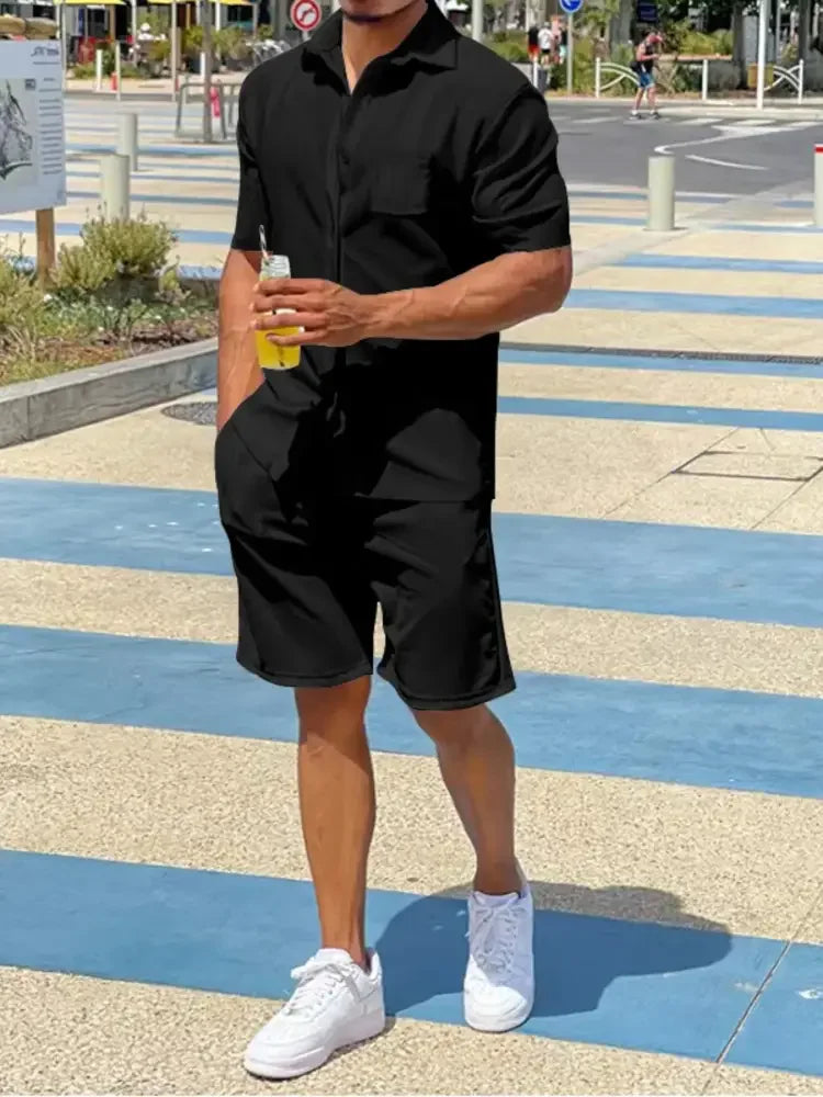 Men's Plus Size Button Up Shirt and Shorts Set