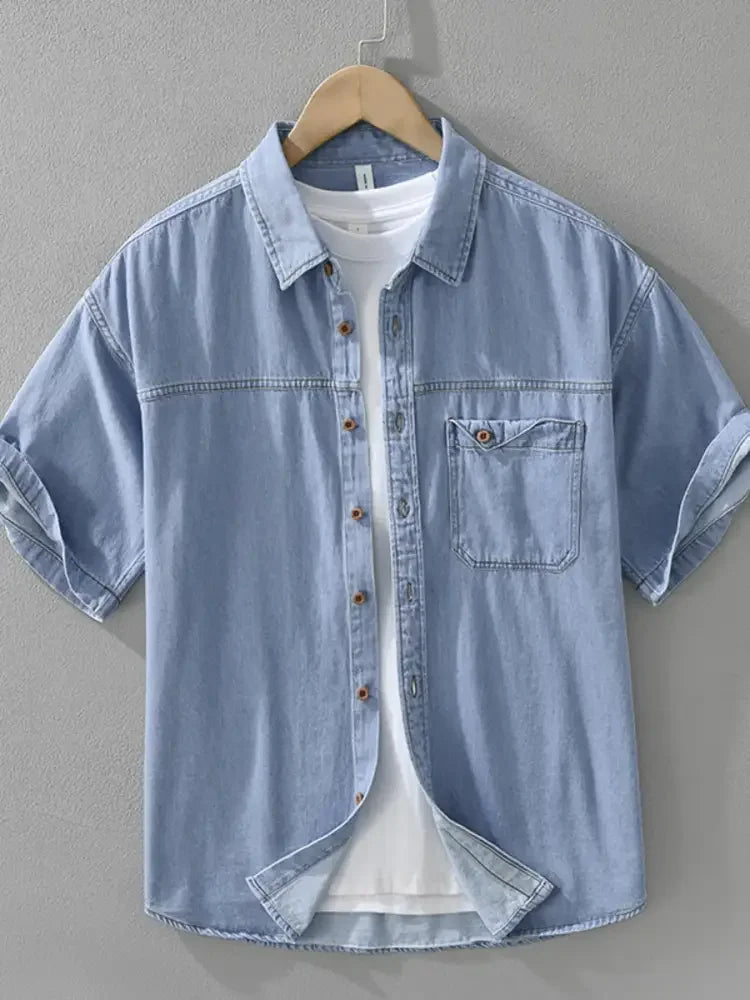 Men's Plus Size Button Up Short Sleeve Denim Shirt