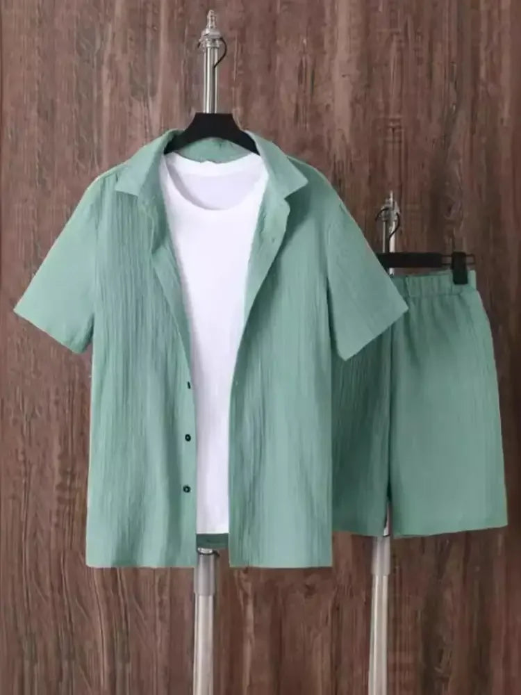 Men's Plus Size Button Up Short Sleeve Shirt and Shorts Set