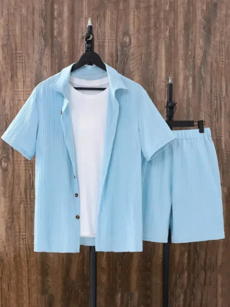 Men's Plus Size Button Up Short Sleeve Shirt and Shorts Set