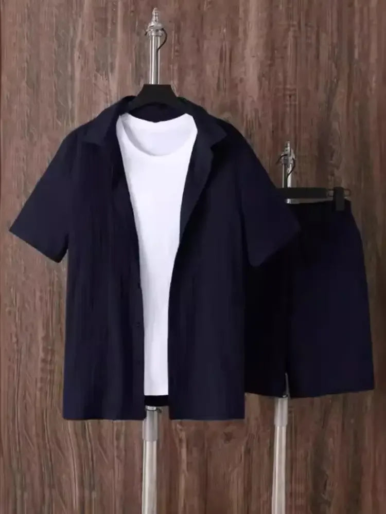 Men's Plus Size Button Up Short Sleeve Shirt and Shorts Set