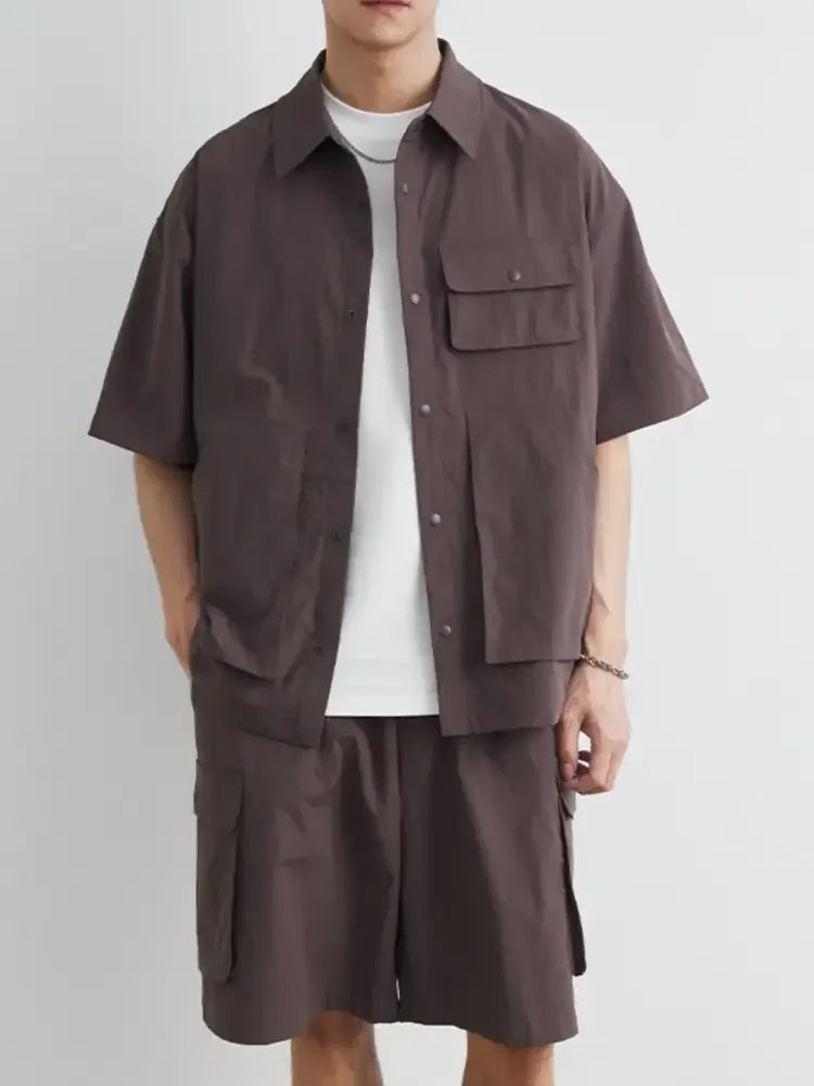 Men's Plus Size Button Up Short Sleeve Shirt and Shorts Set