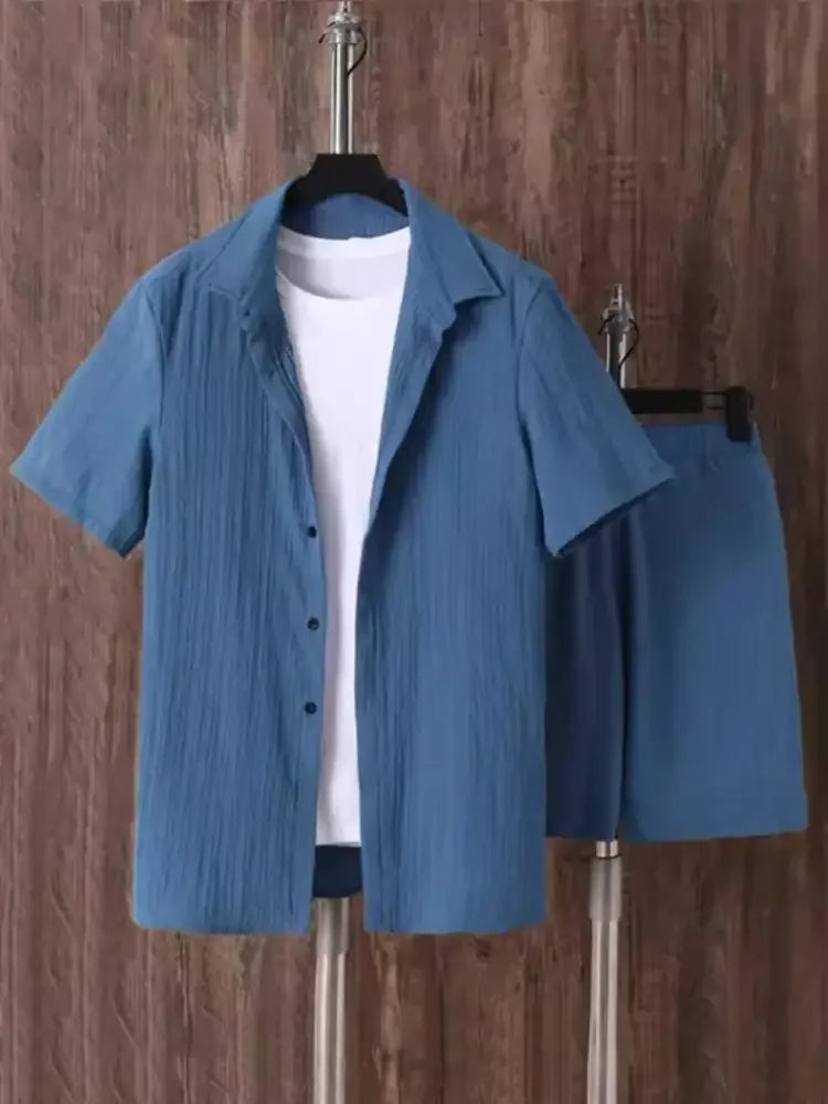 Men's Plus Size Button Up Short Sleeve Shirt and Shorts Set