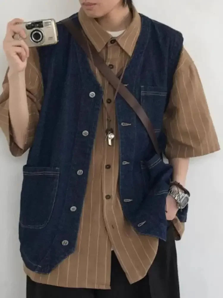 Men's Plus Size Button Up V-Neck Denim Vest