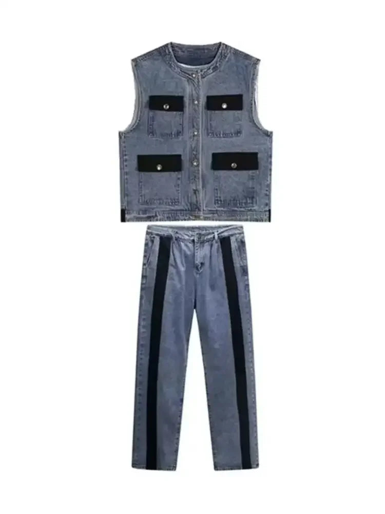 Men's Plus Size Button Up Vest and Pants Denim Set