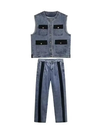 Men's Plus Size Button Up Vest and Pants Denim Set