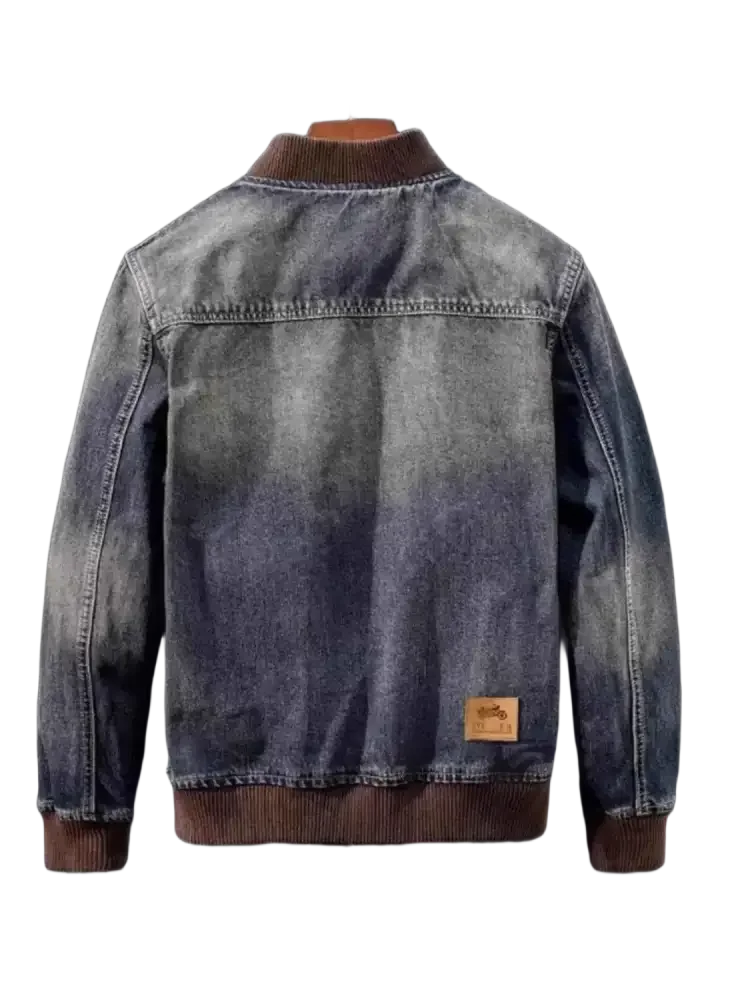 Plus size button washed denim bomber jacket with brown ribbed collar and cuffs