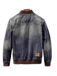 Plus size button washed denim bomber jacket with brown ribbed collar and cuffs