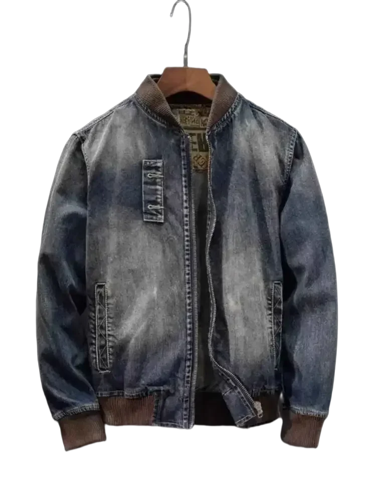 Distressed blue washed denim bomber jacket with brown ribbed cuffs and collar for plus size button style
