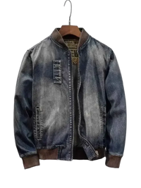 Distressed blue washed denim bomber jacket with brown ribbed cuffs and collar for plus size button style