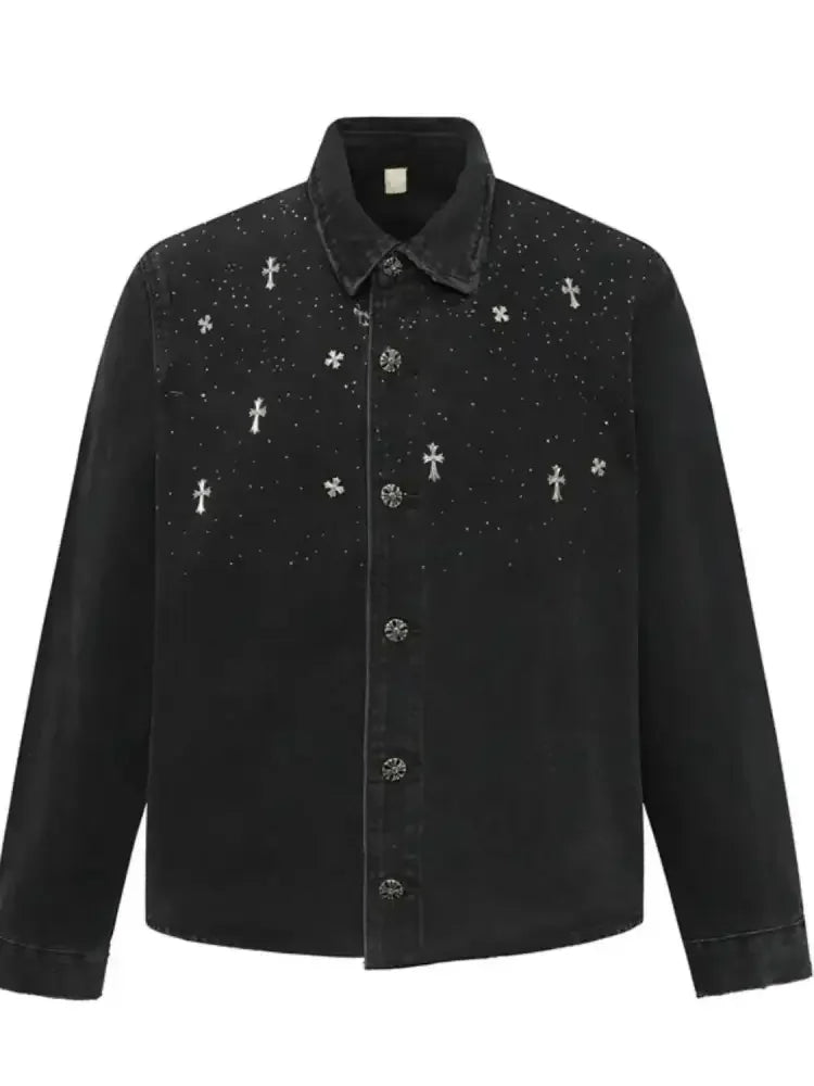 Men's Plus Size Cross Button Up Long Sleeve Denim Jacket