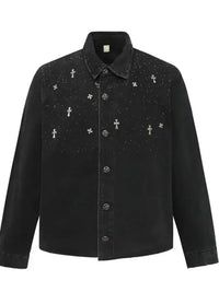 Men's Plus Size Cross Button Up Long Sleeve Denim Jacket