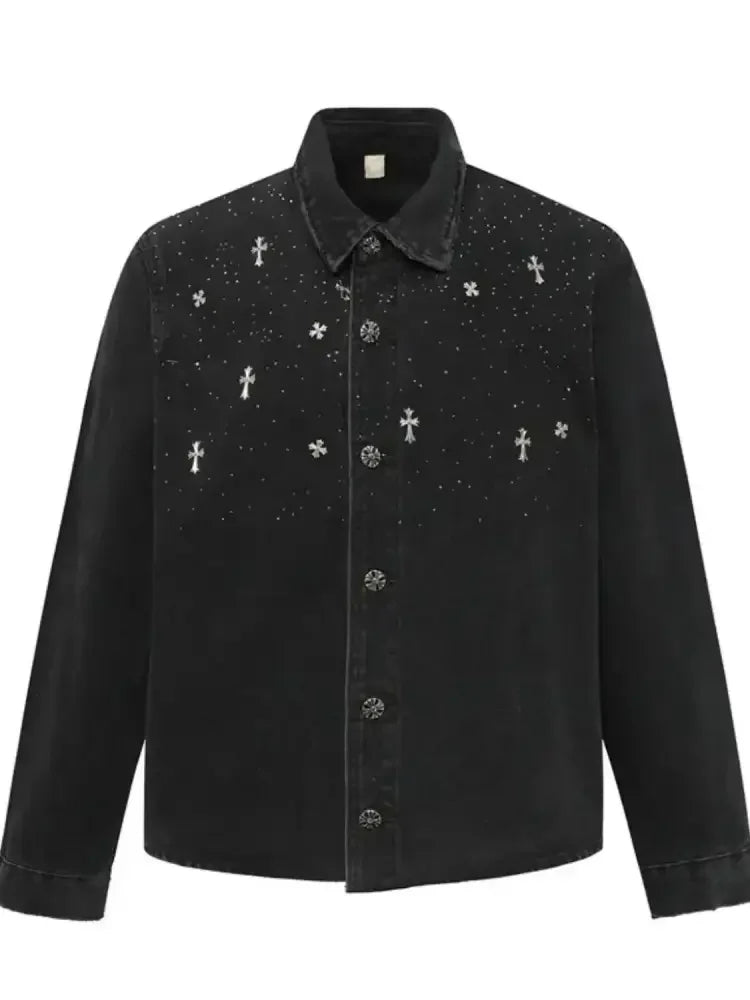 Men's Plus Size Cross Button Up Long Sleeve Denim Jacket
