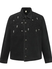 Men's Plus Size Cross Button Up Long Sleeve Denim Jacket
