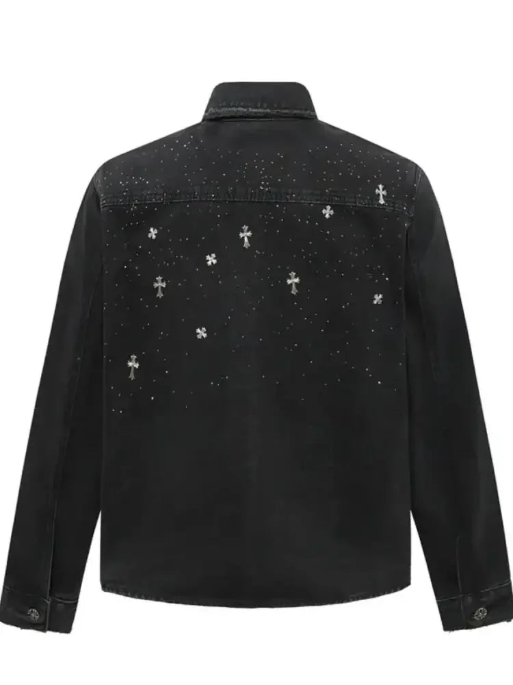Men's Plus Size Cross Button Up Long Sleeve Denim Jacket