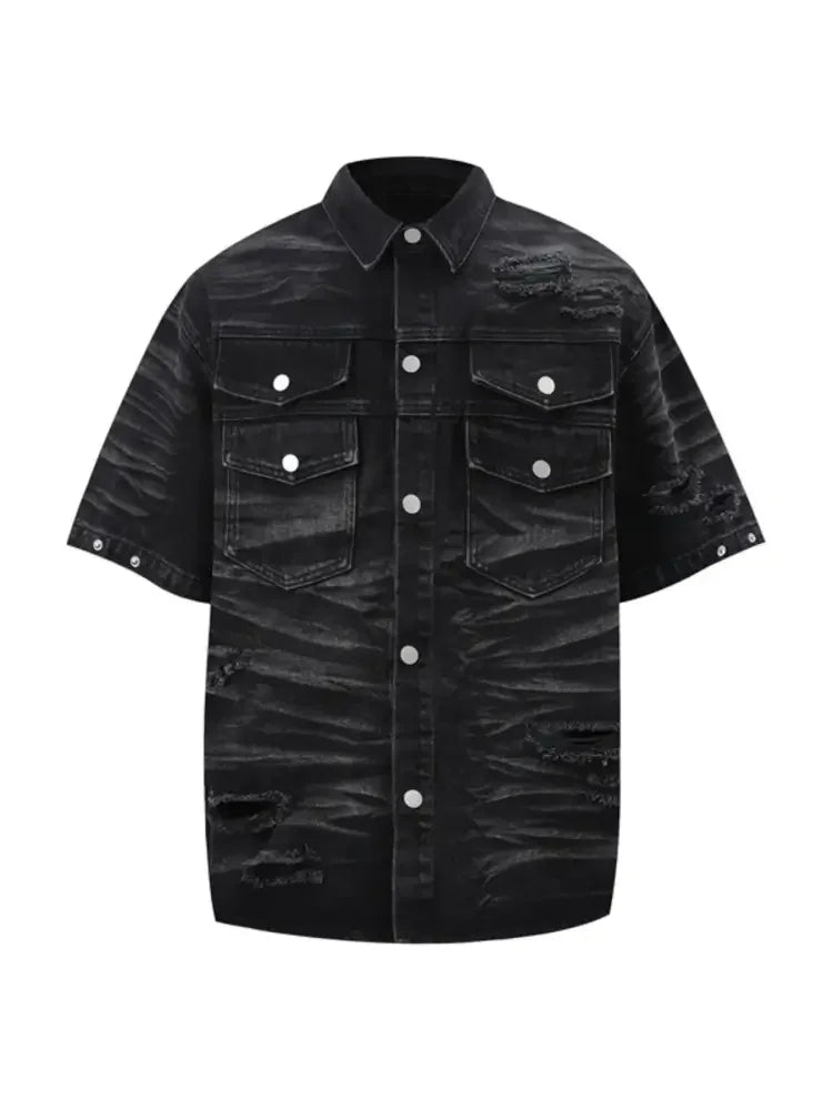 Men's Plus Size Distressed Button Up Short Sleeve Denim Shirt
